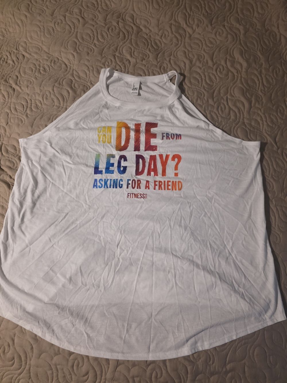 District White Tank Top with Rainbow 'Leg Day' Fitness Graphic